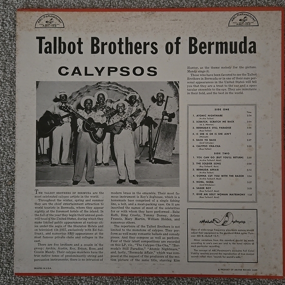 MONO CALYPSO LP Vinyl TALBOT BROTHERS of BERMUDA ABC-PARAMOUNT 156 "CALYPSOS" - Picture 2 of 6